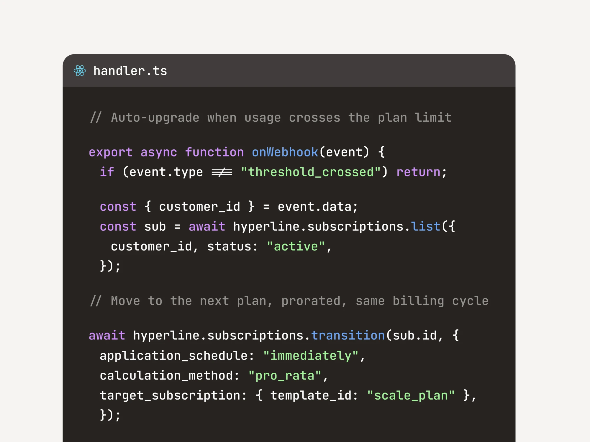 TypeScript webhook handler auto-upgrading a subscription when usage crosses the plan limit